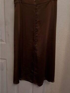 Brown Satin Button-Front Midi Skirt